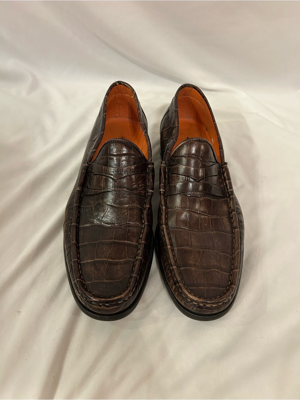 Santoni Men’s Alligator Pattern Slip On Leather Penny Loafers Sz 9 Brown